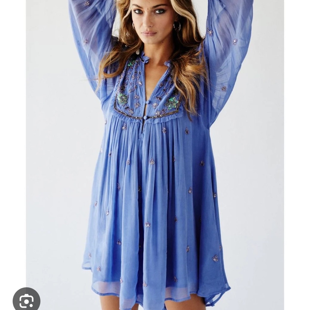 Free People Blue Embroidered Mini Dress